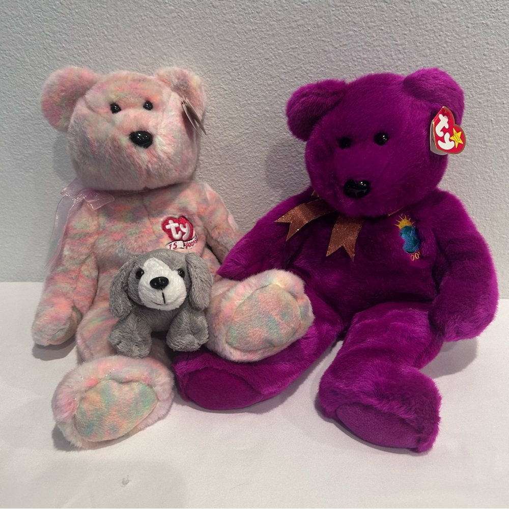 Beanie buddies Ty Pastel and Purple Bears with Gray Dog Trio